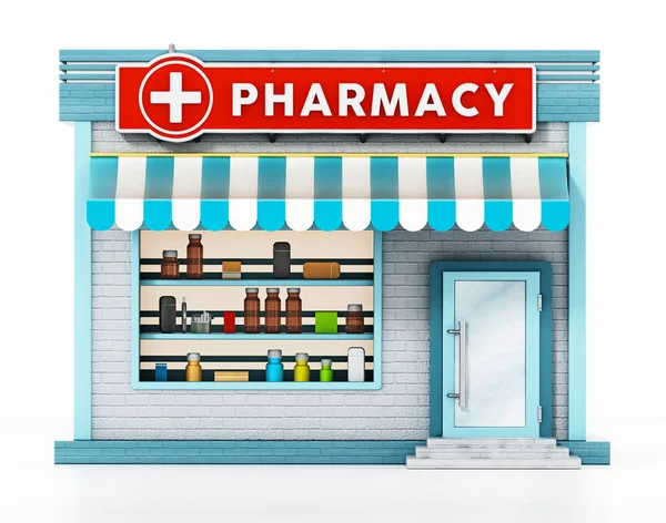 Edificio de farmacia aislado sobre fondo blanco. Ilustración 3D —  Fotos de Stock