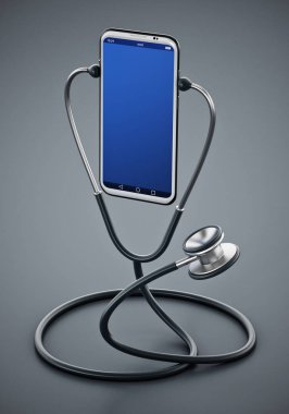 Stetoskop akıllı telefonu dinliyor. 3d illüstrasyon