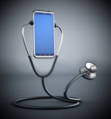 Stetoskop akıllı telefonu dinliyor. 3d illüstrasyon