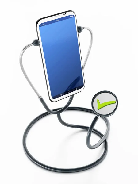 Stetoskop poslouchá smartphone. 3D ilustrace — Stock fotografie