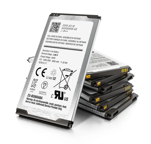 Gruppo di batterie di ricambio per smartphone isolate su sfondo bianco. Illustrazione 3D — Foto Stock