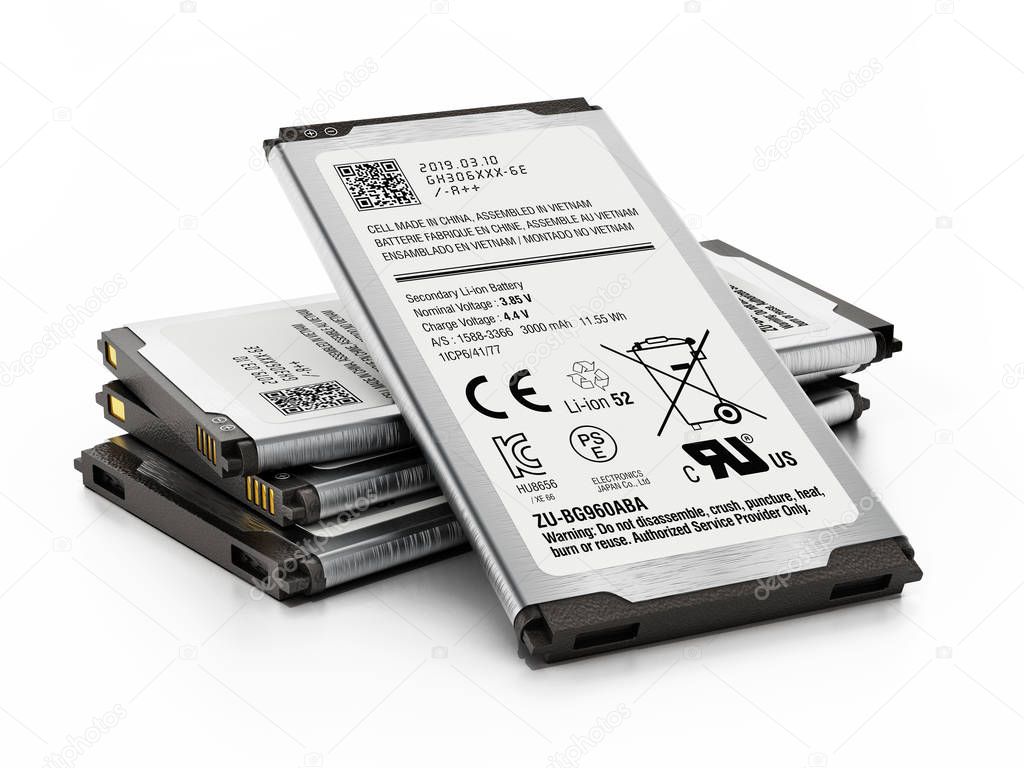 Group of spare smartphone batteries isolated on white background. 3D illustration