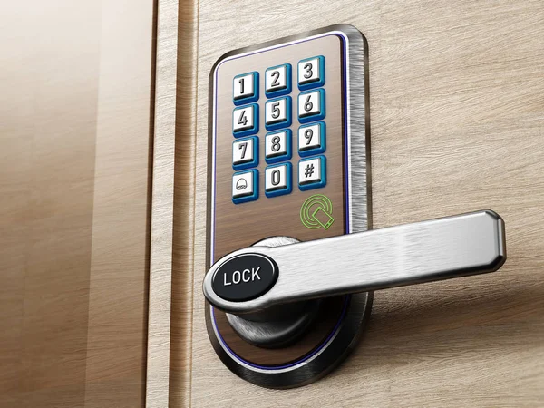 Digital security keypad and knob on door. 3D illustration