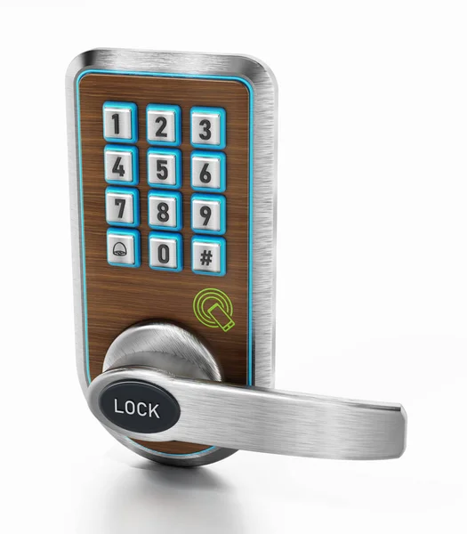 Teclado de segurança digital e botão na porta. Ilustração 3D — Fotografia de Stock
