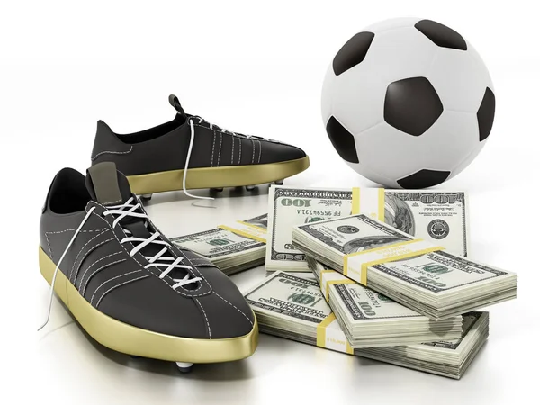 Soccer cleats, money and soccer ball. 3D illustration — Stock Photo, Image