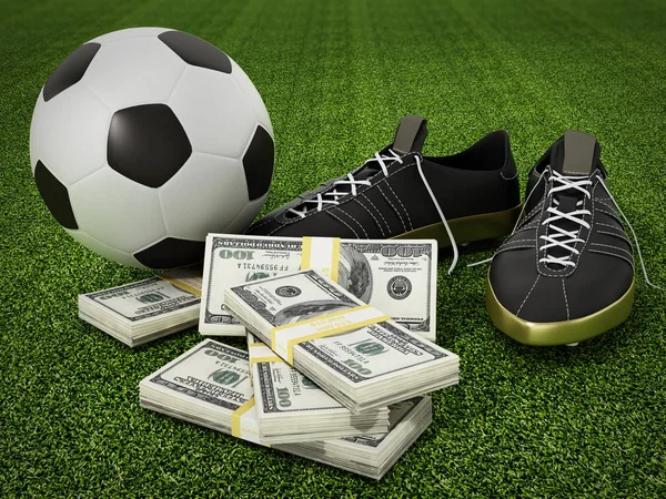 Futbol kramponları, para ve futbol topu. 3d illüstrasyon — Stok fotoğraf