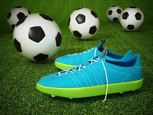 Soccer cleats and soccer balls on the pitch. 3D illustration