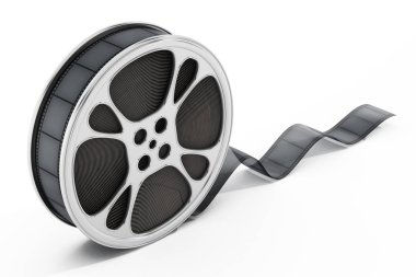 Beyaz arka plan üzerinde film reel göl kenarında. 3D çizim