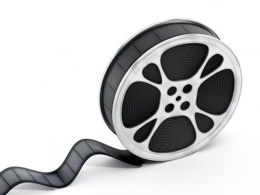 Beyaz arka plan üzerinde film reel göl kenarında. 3D çizim