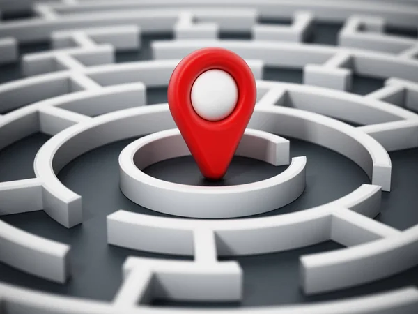 Red navigation marker at the center of round maze. 3D illustration — Stock Photo, Image