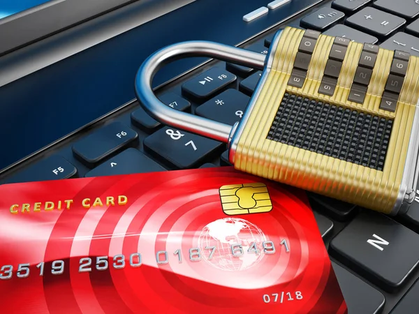 Tarjeta de crédito y candado de pie en el ordenador portátil. Ilustración 3D —  Fotos de Stock