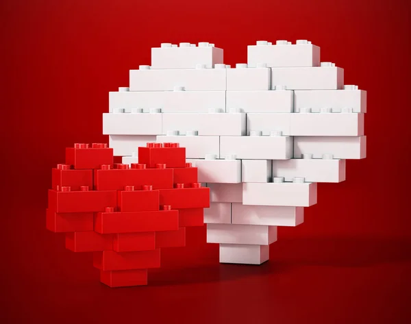 Blocos de construção vermelho e branco formando grandes e pequenas formas de coração. Ilustração 3D — Fotografia de Stock