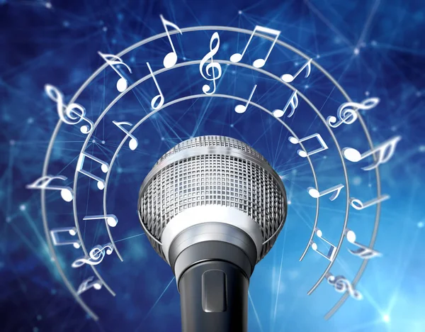 Notas musicais e símbolos ao redor do microfone. Ilustração 3D — Fotografia de Stock