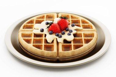 Çikolata soslu Belçika waffle ve beyaz arka plan üzerinde izole çilek. 3d illüstrasyon