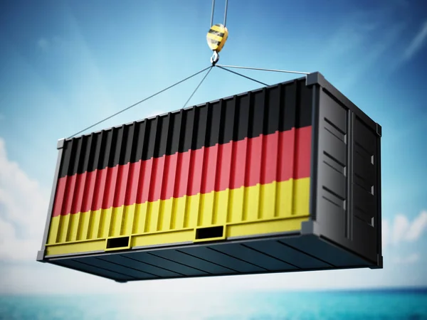Mavi gökyüzüne karşı Almanya bayrağı ile kargo konteyner. 3d illüstrasyon — Stok fotoğraf
