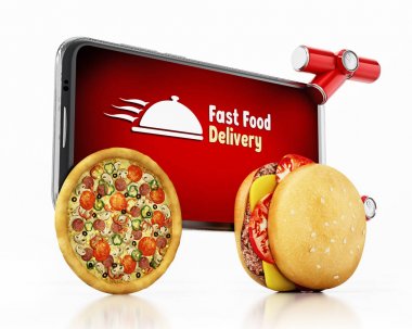 Hamburger ve pizza fast food teslim metni ile akıllı telefon monte. 3d illüstrasyon