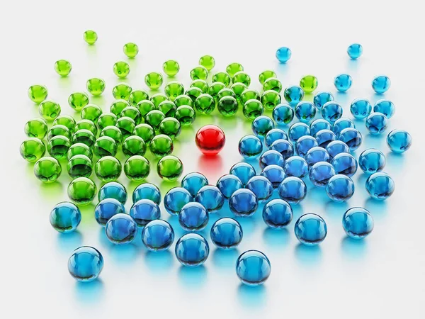 Red shiny sphere standing out among green and blue spheres. 3D illustration — Stock Photo, Image