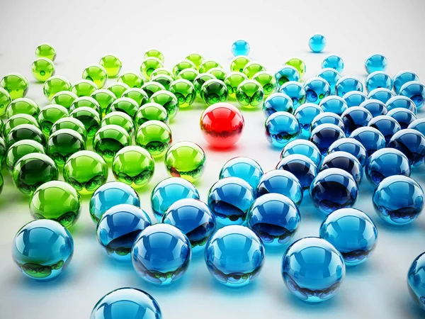 녹색과 파란색 구체 사이에 서 빨간색 빛나는 구체. 3D 일러스트레이션 — 스톡 사진