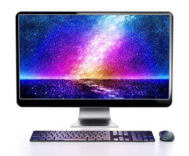Canlı duvar kağıdı ile modern masaüstü bilgisayar. 3d illüstrasyon