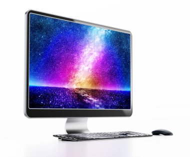 Canlı duvar kağıdı ile modern masaüstü bilgisayar. 3d illüstrasyon