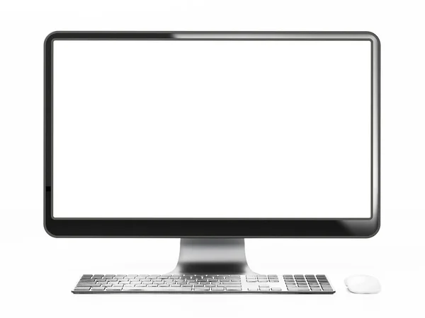 Computadora de escritorio moderna con pantalla en blanco. Ilustración 3D — Foto de Stock