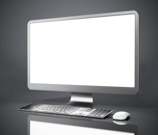Computador de mesa moderno com tela em branco. Ilustração 3D — Fotografia de Stock