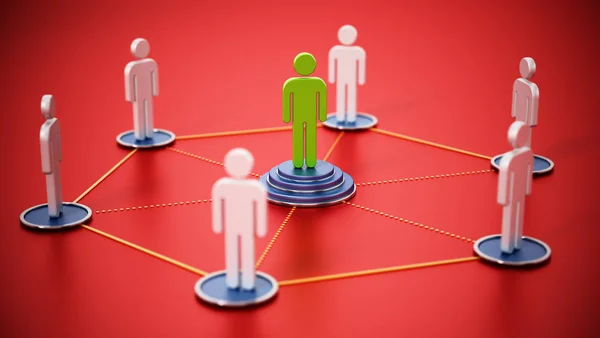 Connected people with a stand out figure at the center. 3D illustration