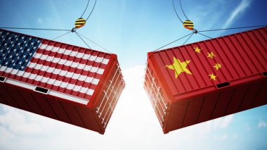 Amerikan ve Çin bayrağı dokulu kargo konteynerleri ile ticaret savaşları kavramı çatışıyor. 3d illüstrasyon