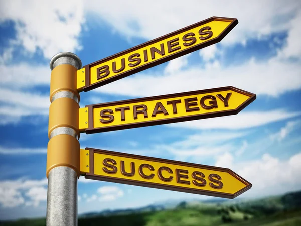 Üzleti, stratégia és a siker jelzőtábla ellen kék eget. 3D-illusztráció — Stock Fotó