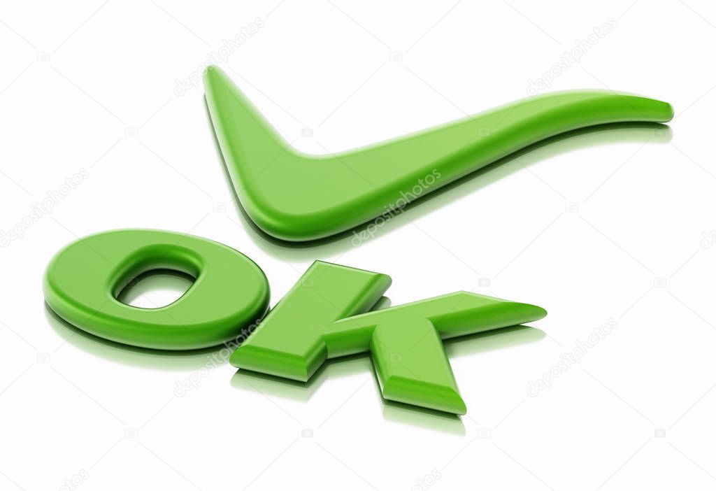 Ok word and tick sign isolated on white background. 3D illustration