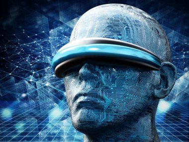 Kafa siber teknoloji arka plan karşı sanal gerçeklik gözlüğü giyiyor. 3d illüstrasyon