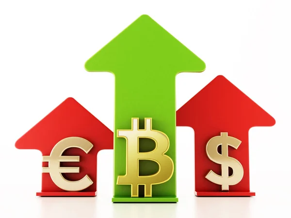 Bitcoin, dollar and euro symbols and rising arrows isolated on white background — Stock Photo, Image