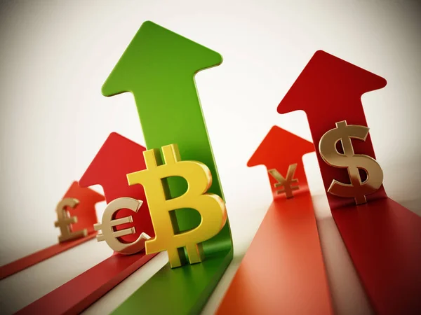 Bitcoin, dollar, euro, yen and pound symbols and rising arrows — Stock Photo, Image