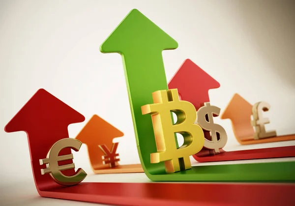 Bitcoin, dollar, euro, yen and pound symbols and rising arrows — Stock Photo, Image