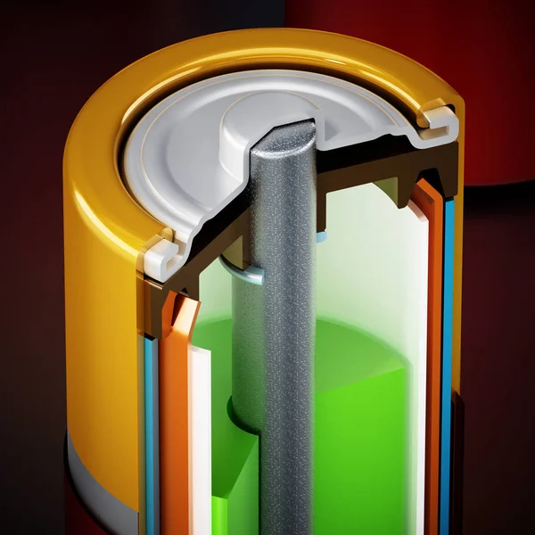 Afbeelding die de doorsnede van een alkali-batterij weergeeft. 3D-illustratie — Stockfoto