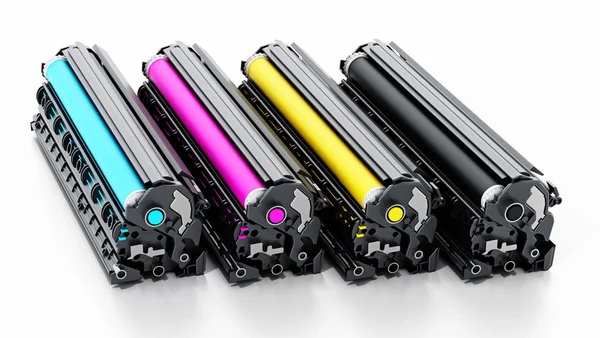 Stack of laser printer CMYK toners. 3D illustration — Stock Photo, Image