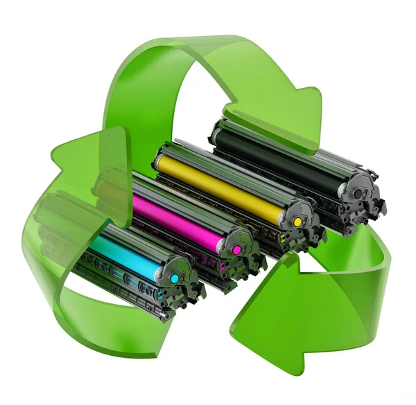 Laser printer CMYK toners inside recycle arrows. 3D illustration — Stock Photo, Image