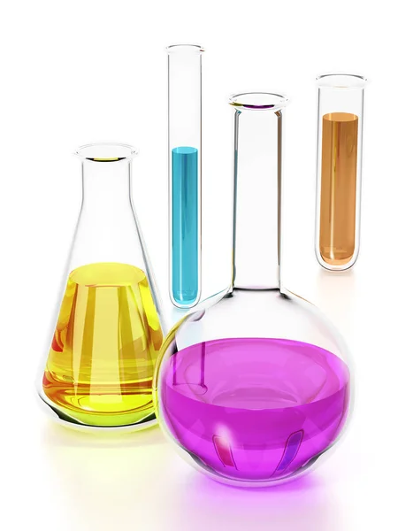 Laboratorium buizen met kleurrijke vloeistoffen geïsoleerd op witte achtergrond. 3D-illustratie — Stockfoto