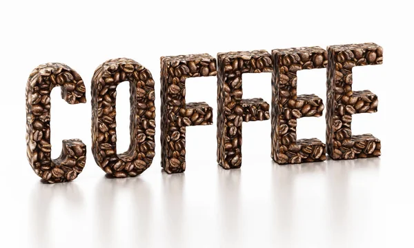 Η λέξη του καφέ αποτελείται από ψημένα φασόλια καφέ. εικονογράφηση 3D — Φωτογραφία Αρχείου