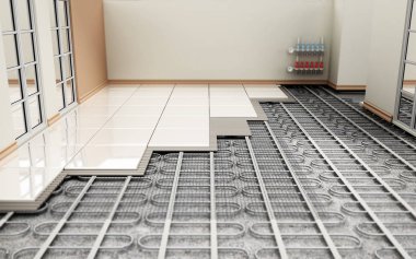 Yerden ısıtma sistemi yapısal detay. 3d illüstrasyon