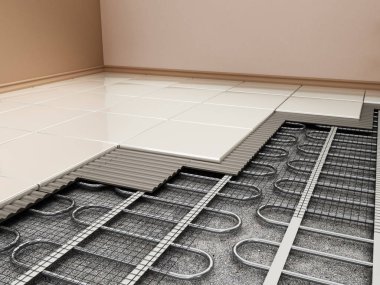 Yerden ısıtma sistemi yapısal detay. 3d illüstrasyon
