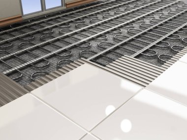 Yerden ısıtma sistemi yapısal detay. 3d illüstrasyon