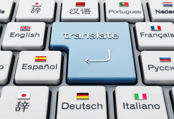 Traducir palabra en entrar tecla en un teclado con banderas de país. Ilustración 3D —  Fotos de Stock