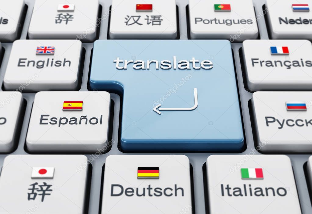 Translate word on enter key in a keyboard with country flags. 3D illustration