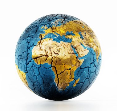 Beyaz arka planda izole edilmiş çatlak toprakla kuru toprak. 3d illüstrasyon