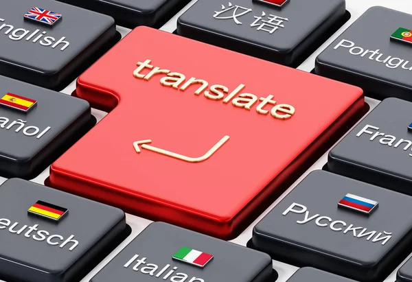 Traducir palabra en entrar tecla en un teclado con banderas de país. Ilustración 3D —  Fotos de Stock