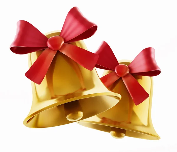 Goldene Glöckchen mit rotem Band auf weißem Hintergrund. 3D-Illustration — Stockfoto
