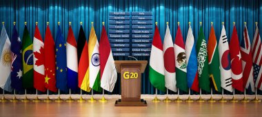 G20 ülke bayrakları bir konferans salonunda düzenlenmiştir. 3d illüstrasyon