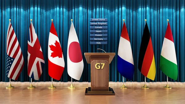 Bandiere di campagna del G7 disposte in una sala conferenze. Illustrazione 3D — Foto Stock
