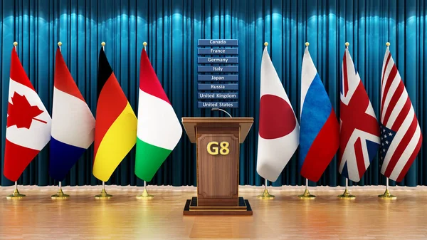 Bandiere di campagna del G8 disposte in una sala conferenze. Illustrazione 3D — Foto Stock